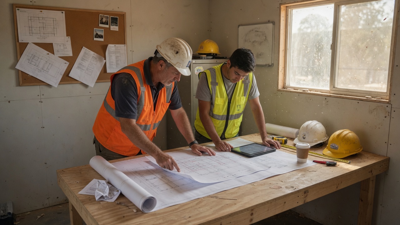 Engineers reviewing site drawings in a field office
